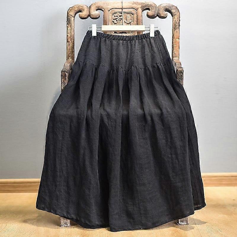 Johnature Women Autumn Solid Color Linen Skirts Fall New Elastic Waist Women Clothes Loose Pleated Skirts