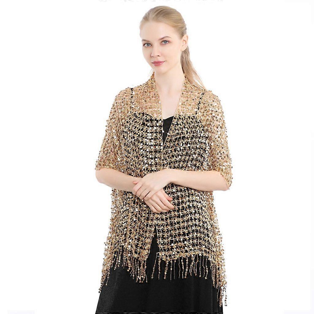 Woman Church Tassels Trim Scarf with Shinning Sequins Large Shawl for Summer