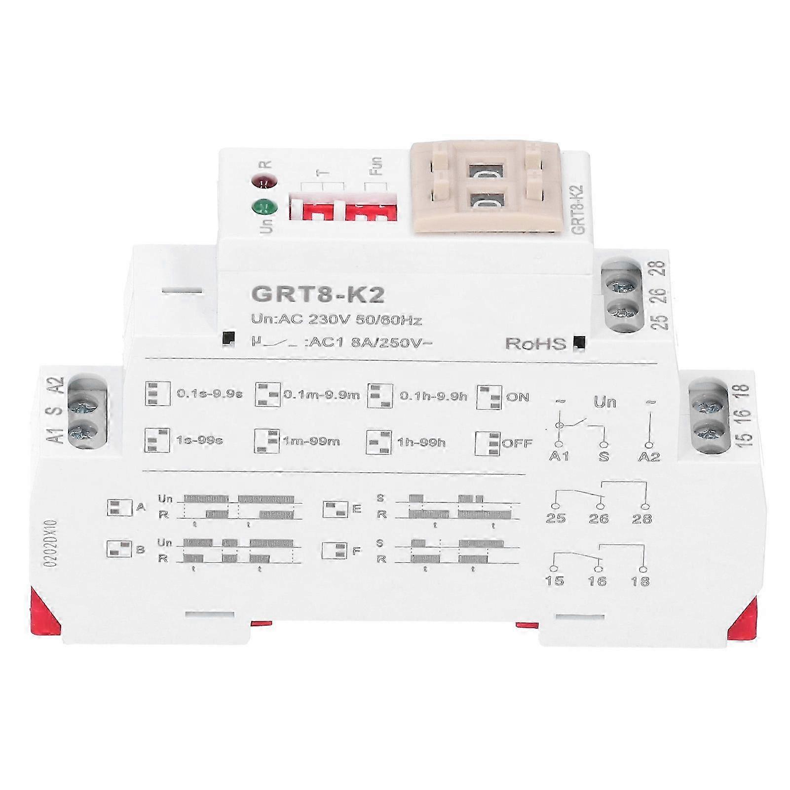 AC230 50/60HZ Time Relay 2 Open 2 Close 4 Delay Modes 0.1s -99h Delay Range High Accuracy GRT8-K2