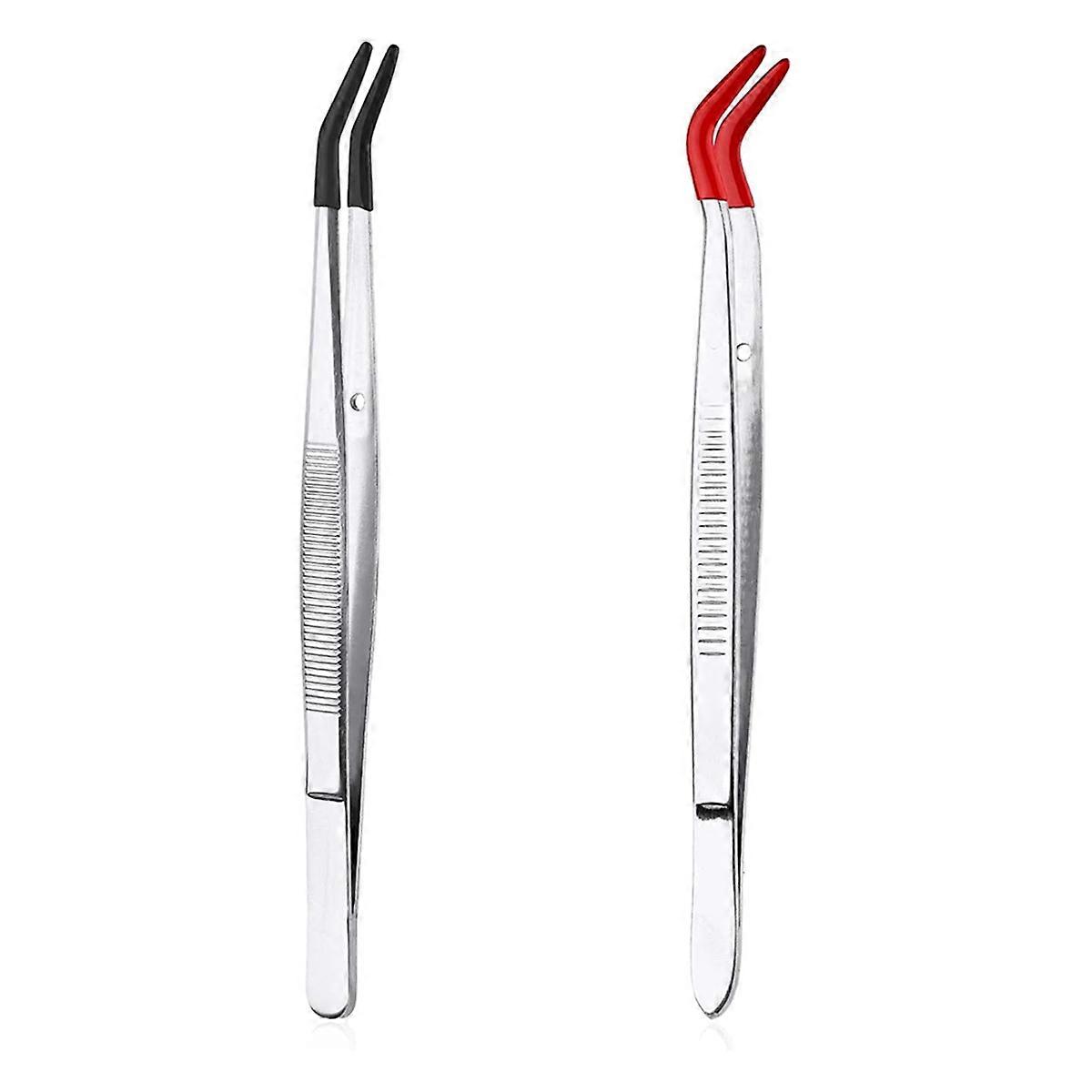 2pcs Bent Tweezers with Rubber Tips, Curved Flat Tip Tweezer Stainless Steel Angled Grip Gem Stamp Sticker