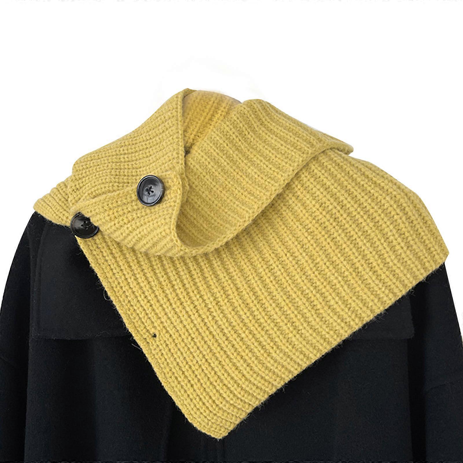 Women Solid Color Ribbed Knit Faux Collar Neck Guard Winter Triangular Turtleneck Dickey Circle Scarf Shawl with Buttons Yellow