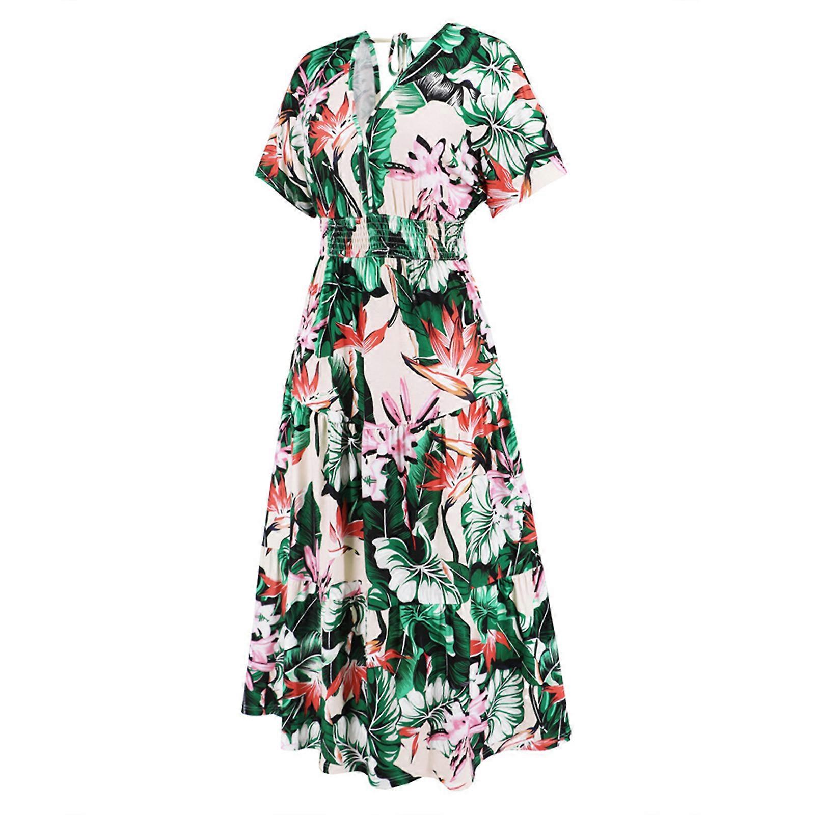 Women Bohemian Dress Vintage Swing Dresses Short Sleeve Vacation Dress ...