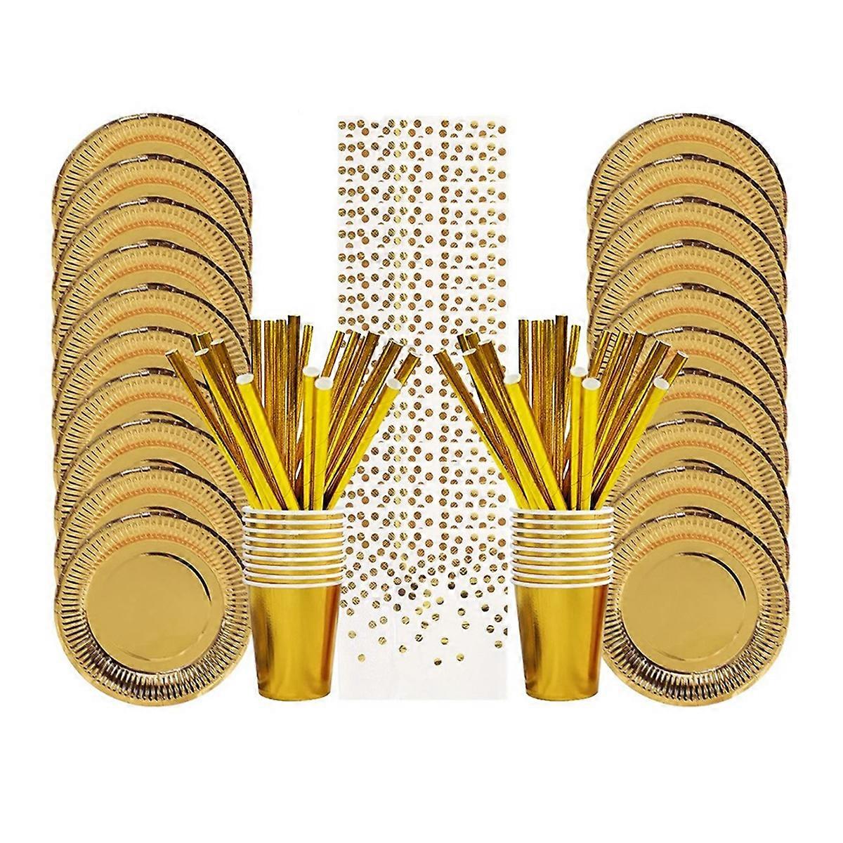 Gold Party Disposable Tableware Set Paper Plates Cups Napkins