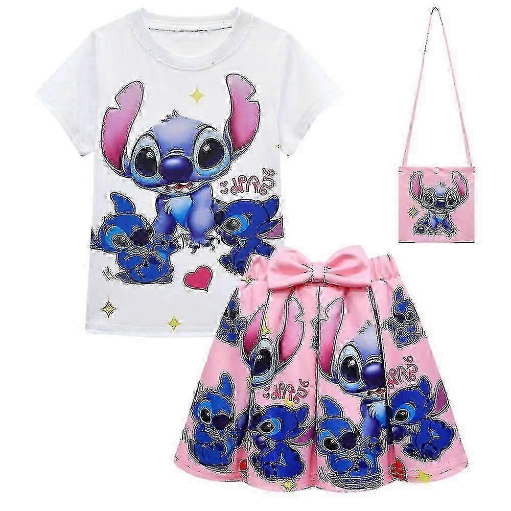 Παιδιά Κορίτσια Lilo και Stitch T-Shirt + Πλισέ φούστες + τσάντες Στολή Σετ Φόρεμα Κόμμα -D