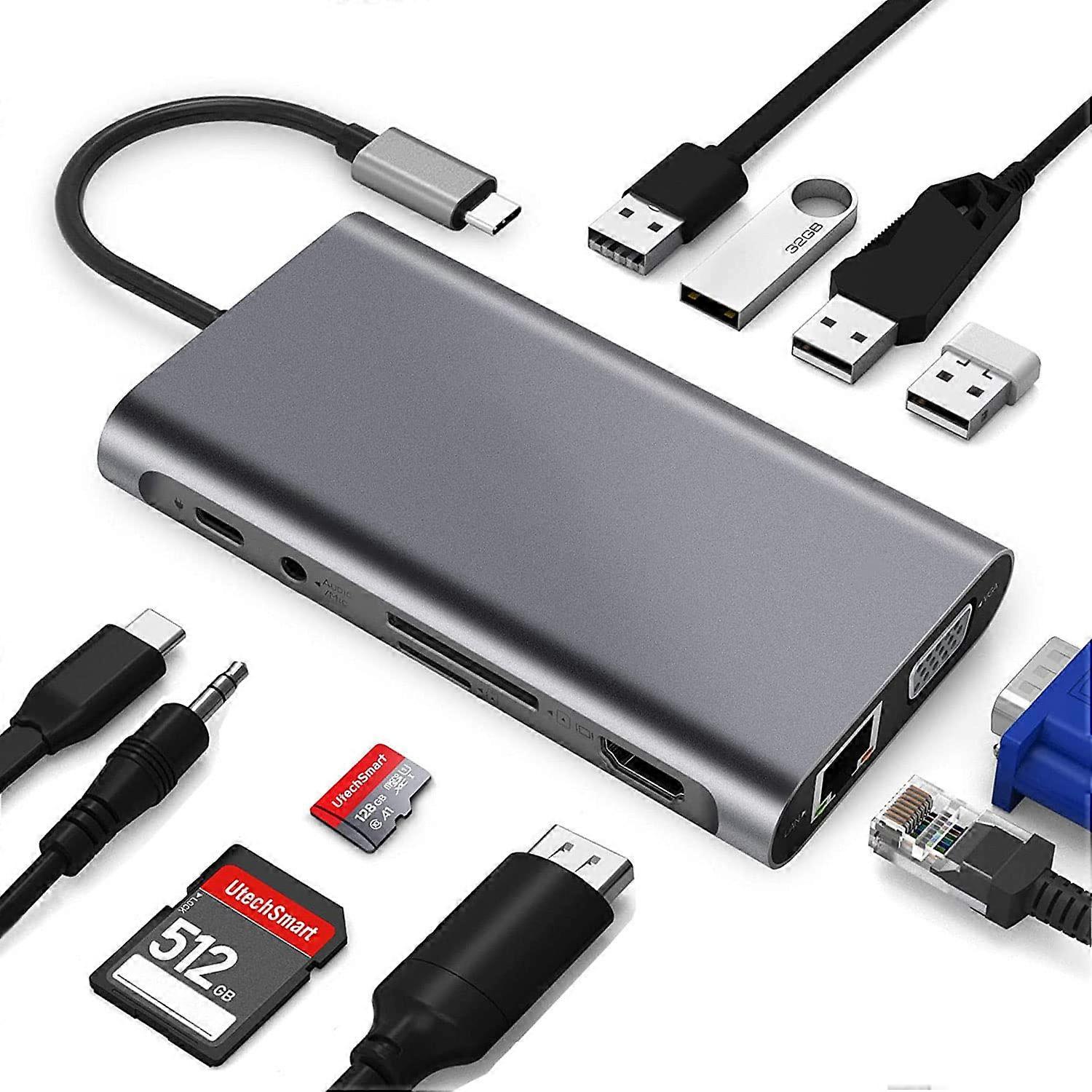 USB Hub 3.0 Type-C 11-in-1 Adapter with 4K HDMI VGA USB-C SD/TF AUX Ethernet PD for HP Dell Lenovo iPad Mac