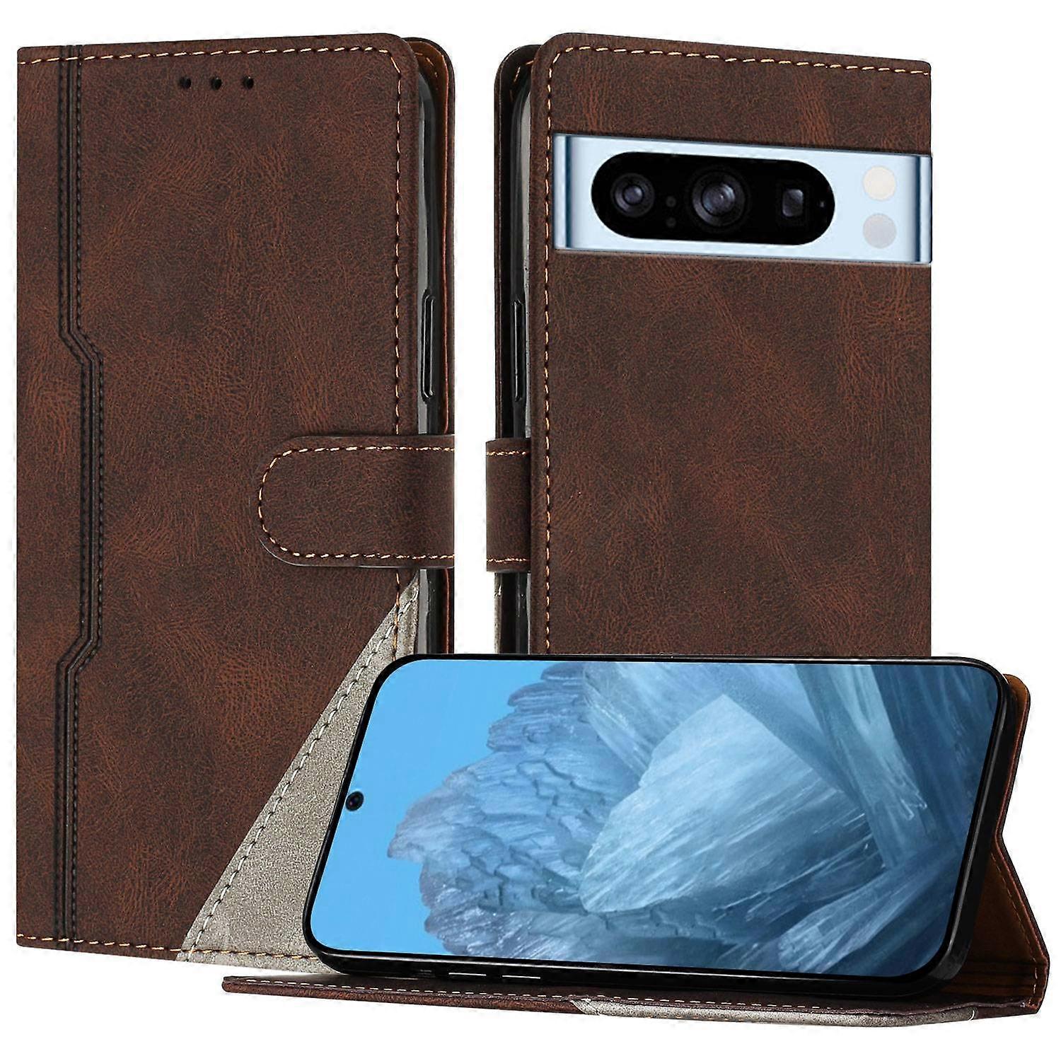 For Google Pixel 8 Pro Leather Case Triangle Patchwork Wallet Stand Shockproof Phone Cover