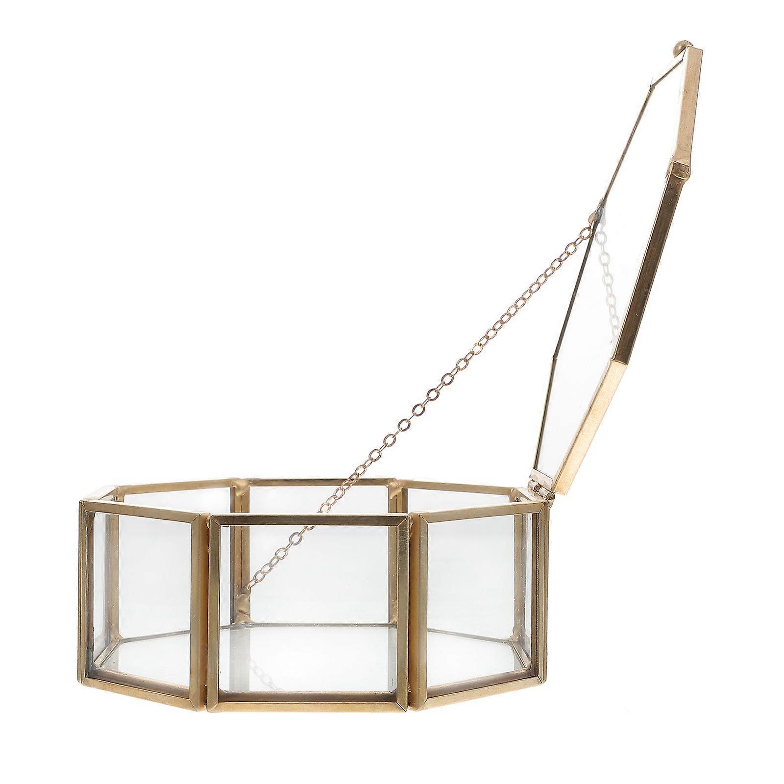 Octagonal Jewelry Box with Gold Alloy Frame, Transparent Storage Display Case, Compact Vintage Organizer for Necklaces, Earrings, and Rings, Home