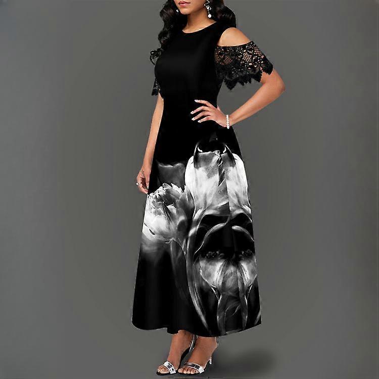 QICED Spring Summer Women's Printed Lace Sleeve Patchwork Long Dresses