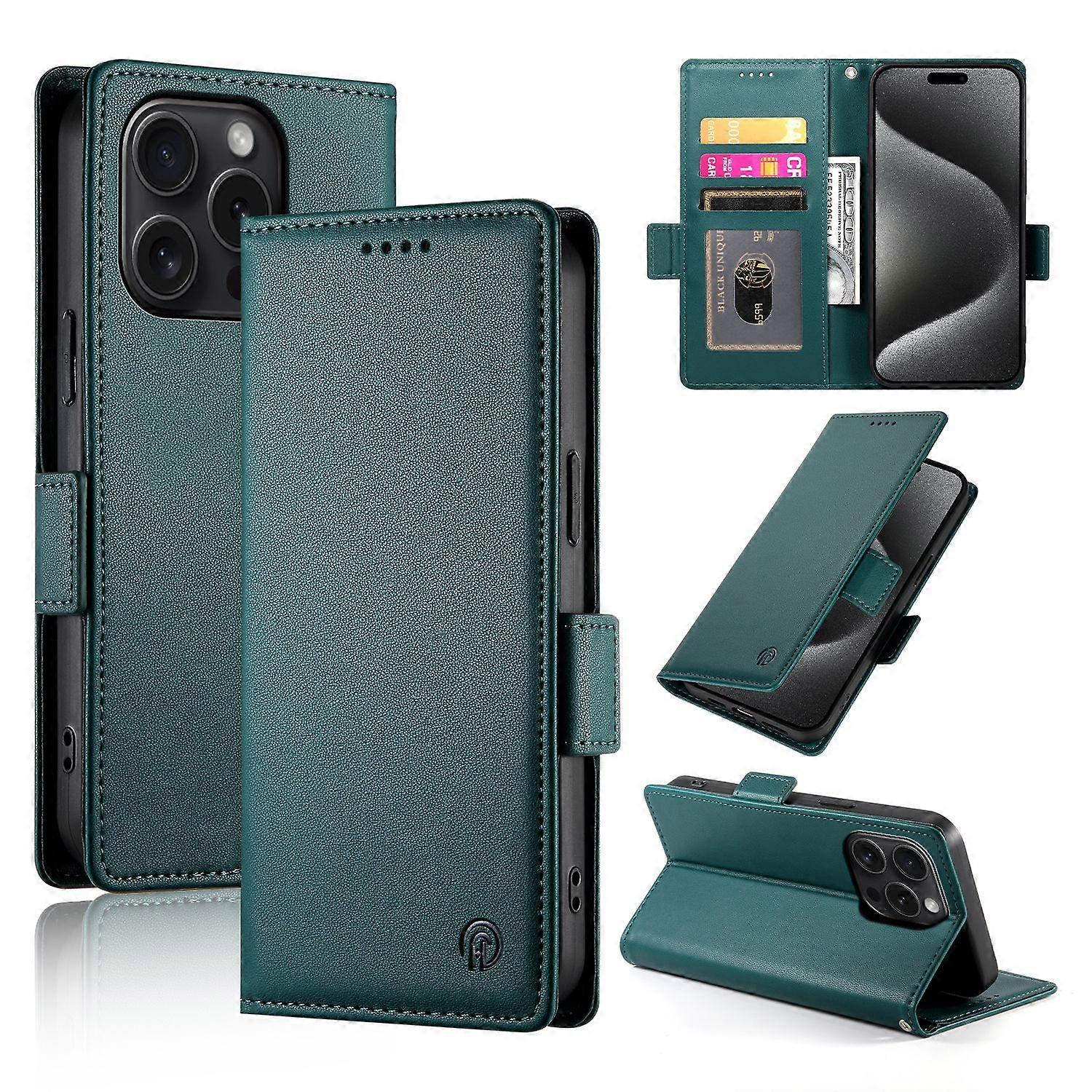 Wallet Case For IPhone 15 Pro,Slim Protective Shockproof Case With RFID Blocking,Premium PU Leather Kickstand-Green