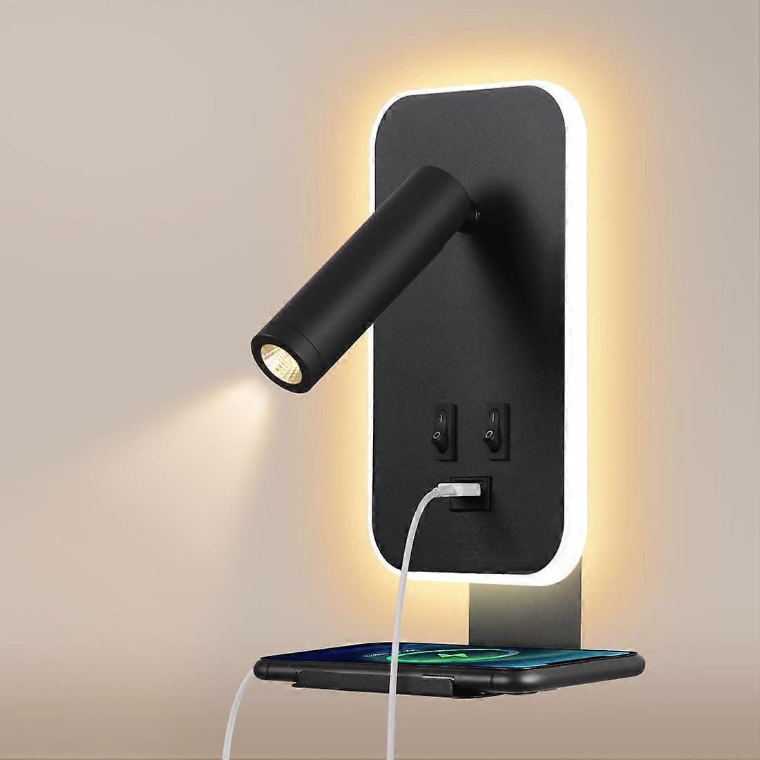 3W + 9W LED Reading Lamp Wall Lamp with USB Charging and Mobile Phone Shelf, Rotating Bedside Lamp for Bedroom and Hotel, 3100K Black