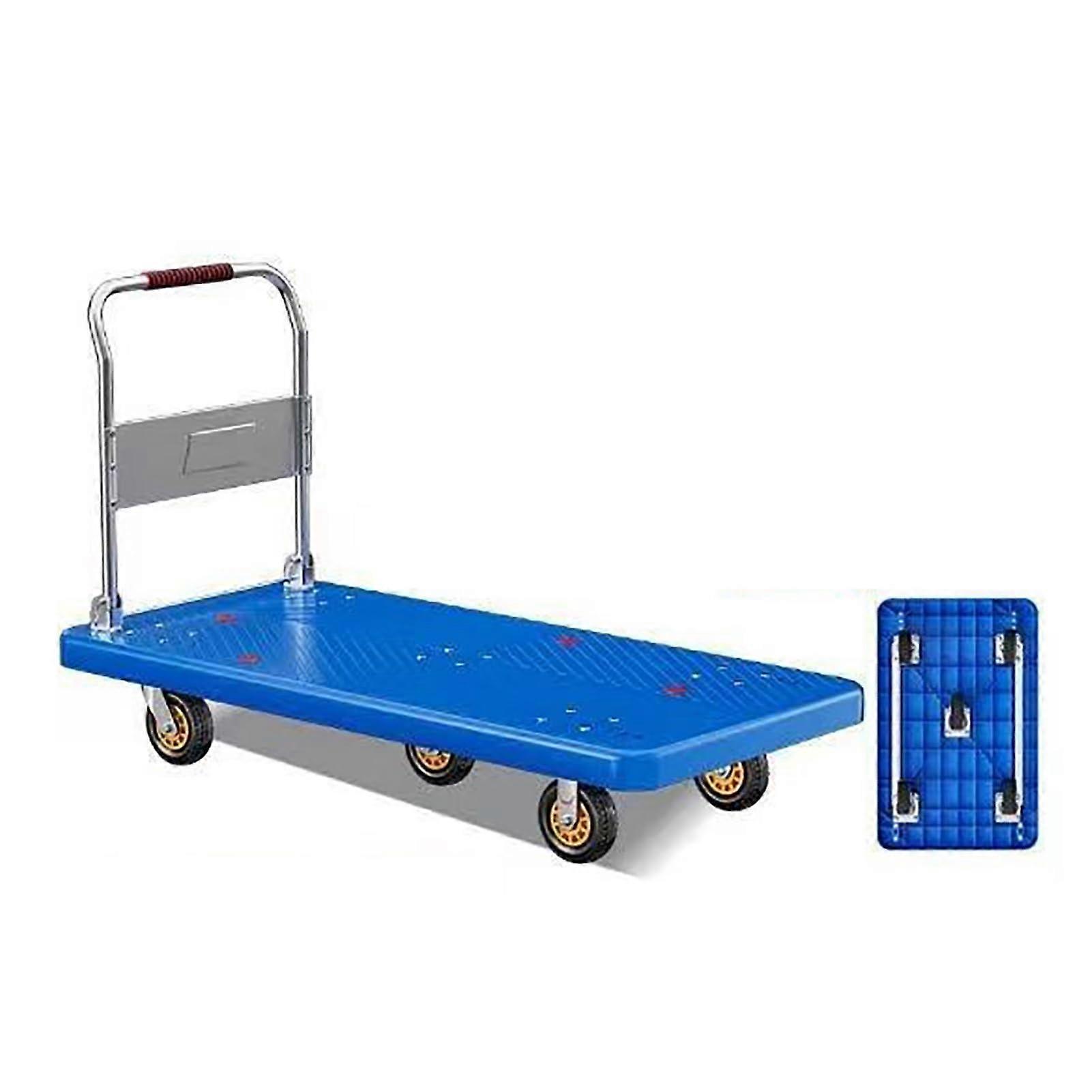 Plastic Trolley Pull Cart, Foldable Flatbed Cart with 5 Rubber Wheels, Convertible Rolling Cart for Garden and Transport