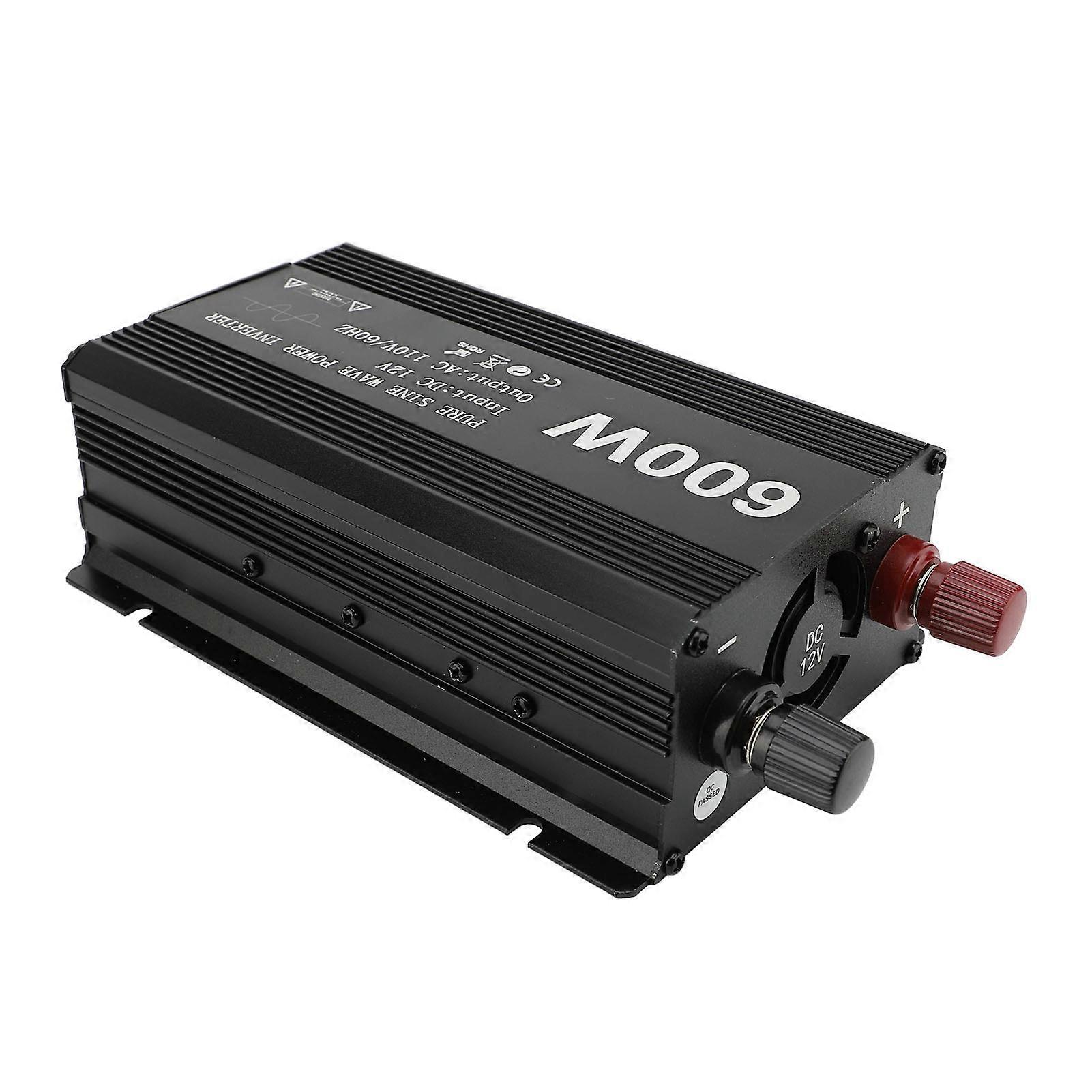 600W Power Inverter Pure Sine Wave Portable DC to AC Converter for Car Use 12V Input Aluminum Alloy 110V US Plug