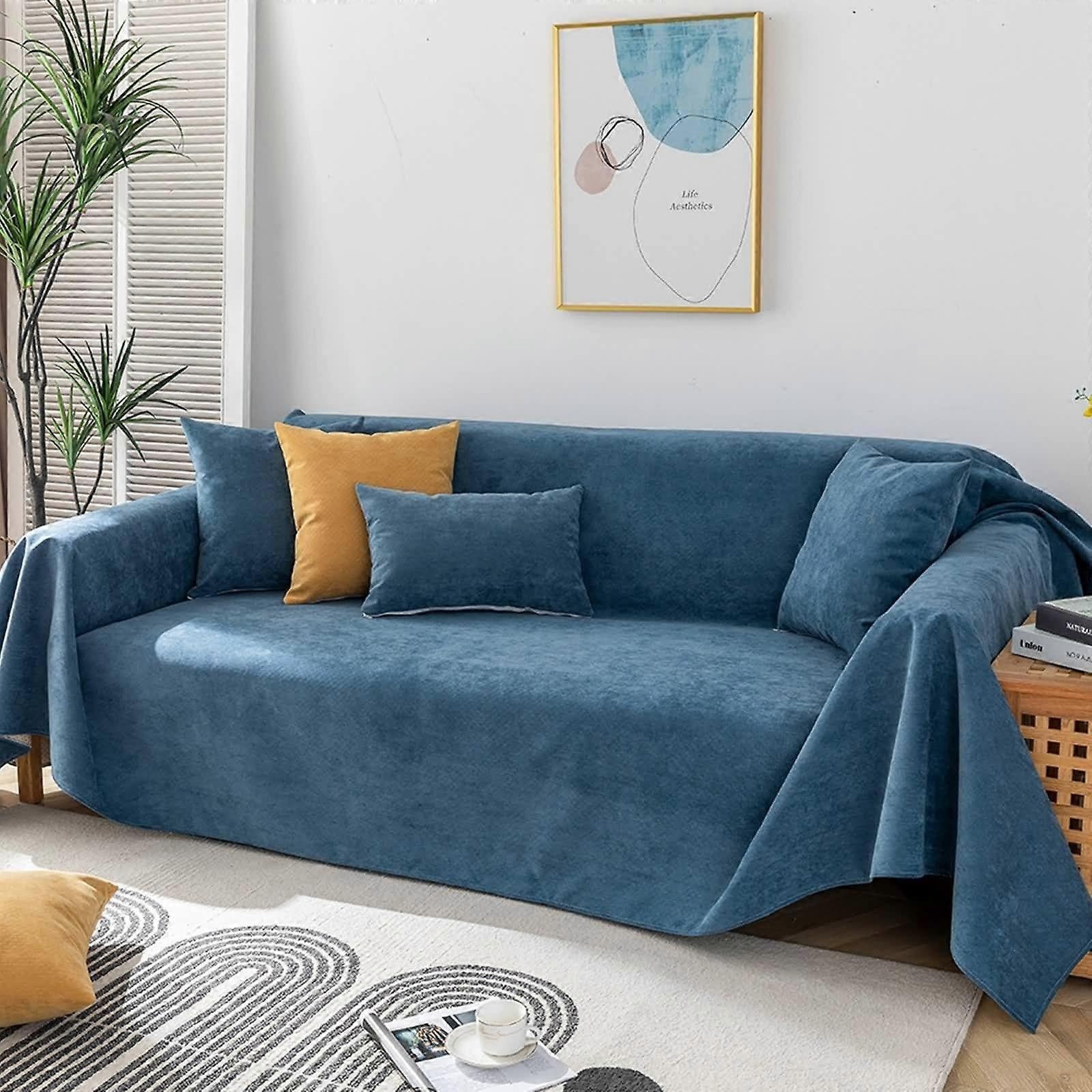 Couch Cover, Polyester Sofa Cover Dark Blue Solid Color Sofa Slipcover 2 Seater (180X230Cm)