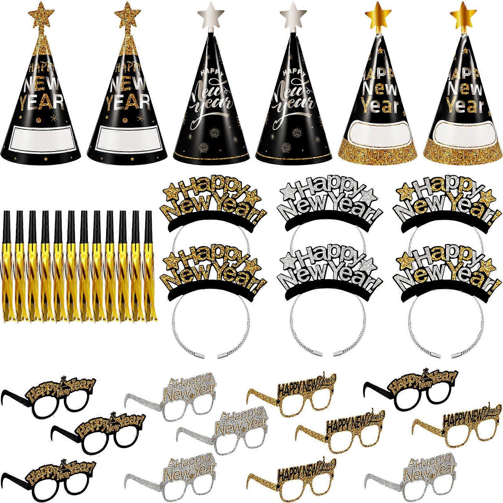 Happy New Year Photo Booth Props Set With Multi Color Glasses And Hats Alongside Whistles Perfect For Festive Gatherings