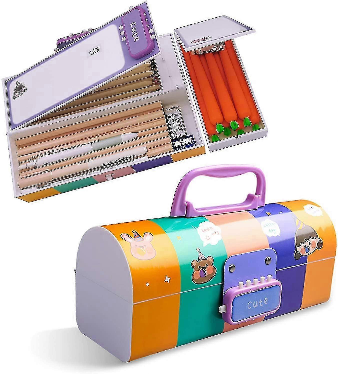 Double Lock Pencil Case for School Kids Girls Plastic Storage Box with Combination Password Large Capacity