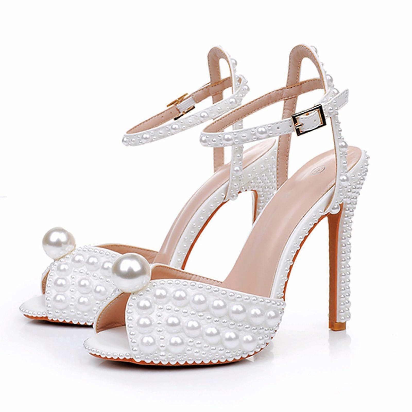 11CM Womens Peep Toe Stiletto Heeled Sandals Pearl Buckle Ankle Strap Wedding Pumps White 2.5 UK Bridal Shoes
