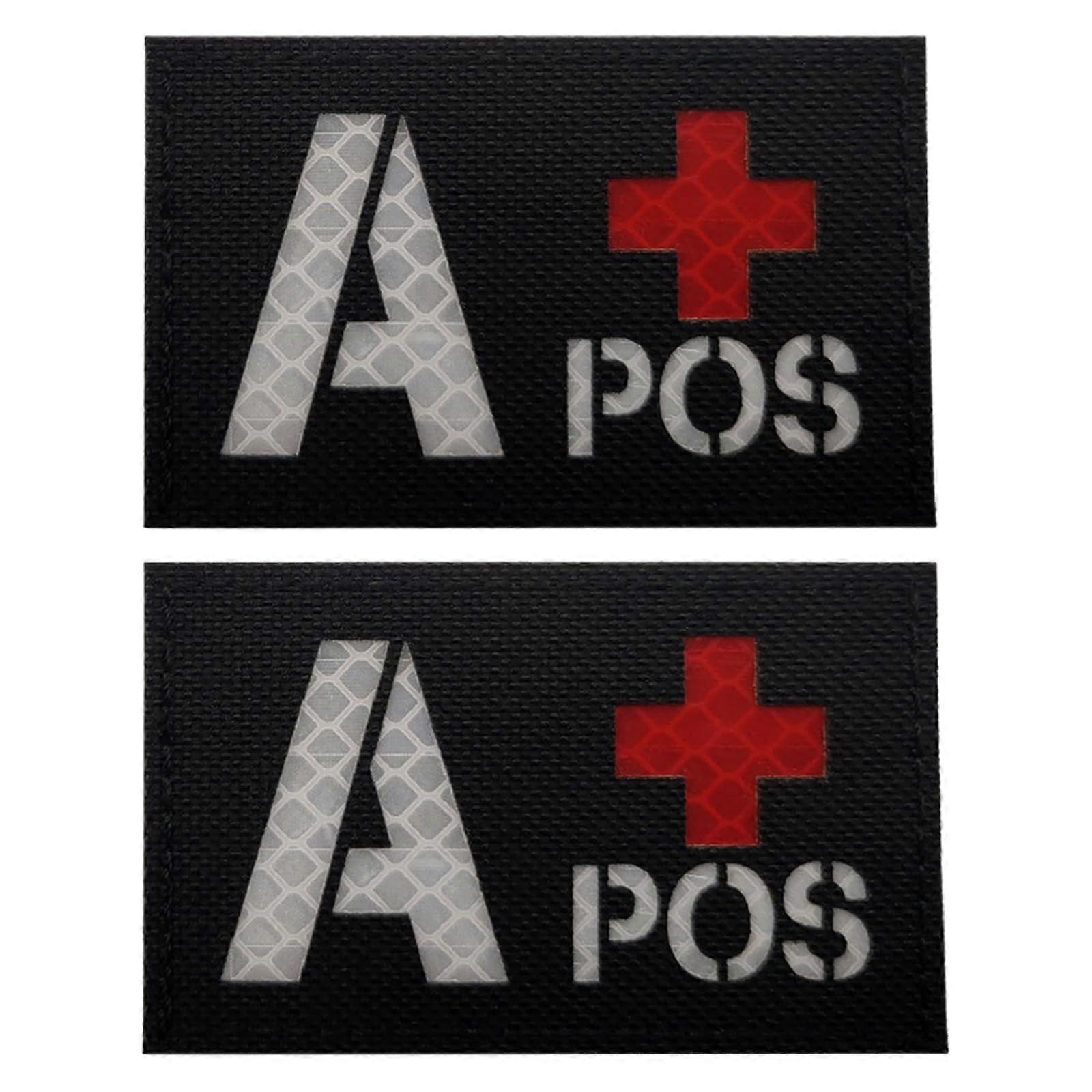 Reflective IR Badge Blood Type Patches A+ for Outdoor First Aid, Hook and Loop Morale Badge, Black Helmet Identification