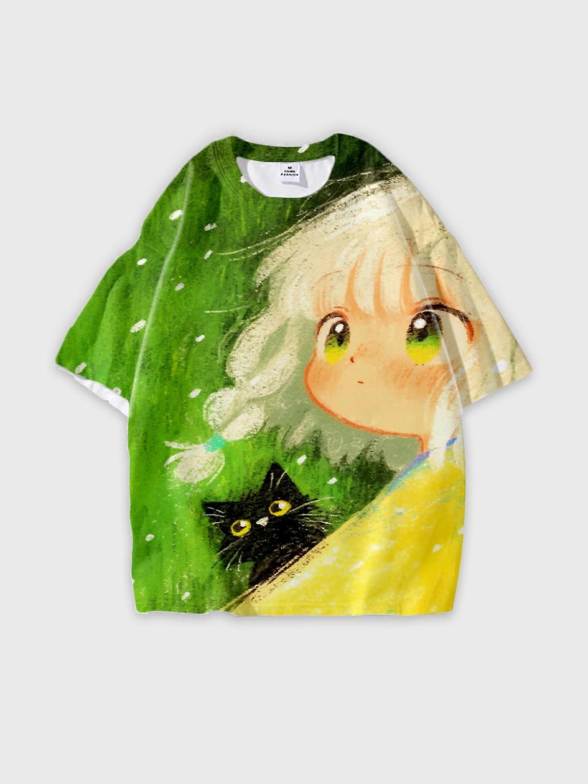 T-Shirt Round Neck, Loose Short Sleeve Pattern Graphic Tee, Unisex Summer Casual Top V957