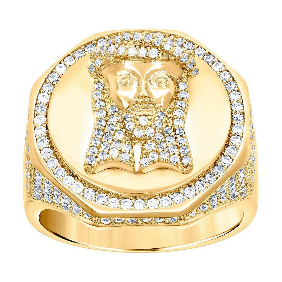 925 Sterling Silver Yellow tone Men Cubic Zirconia Jesus Religious Ring 22.7x5.5mm Wide8-Ring for-Men