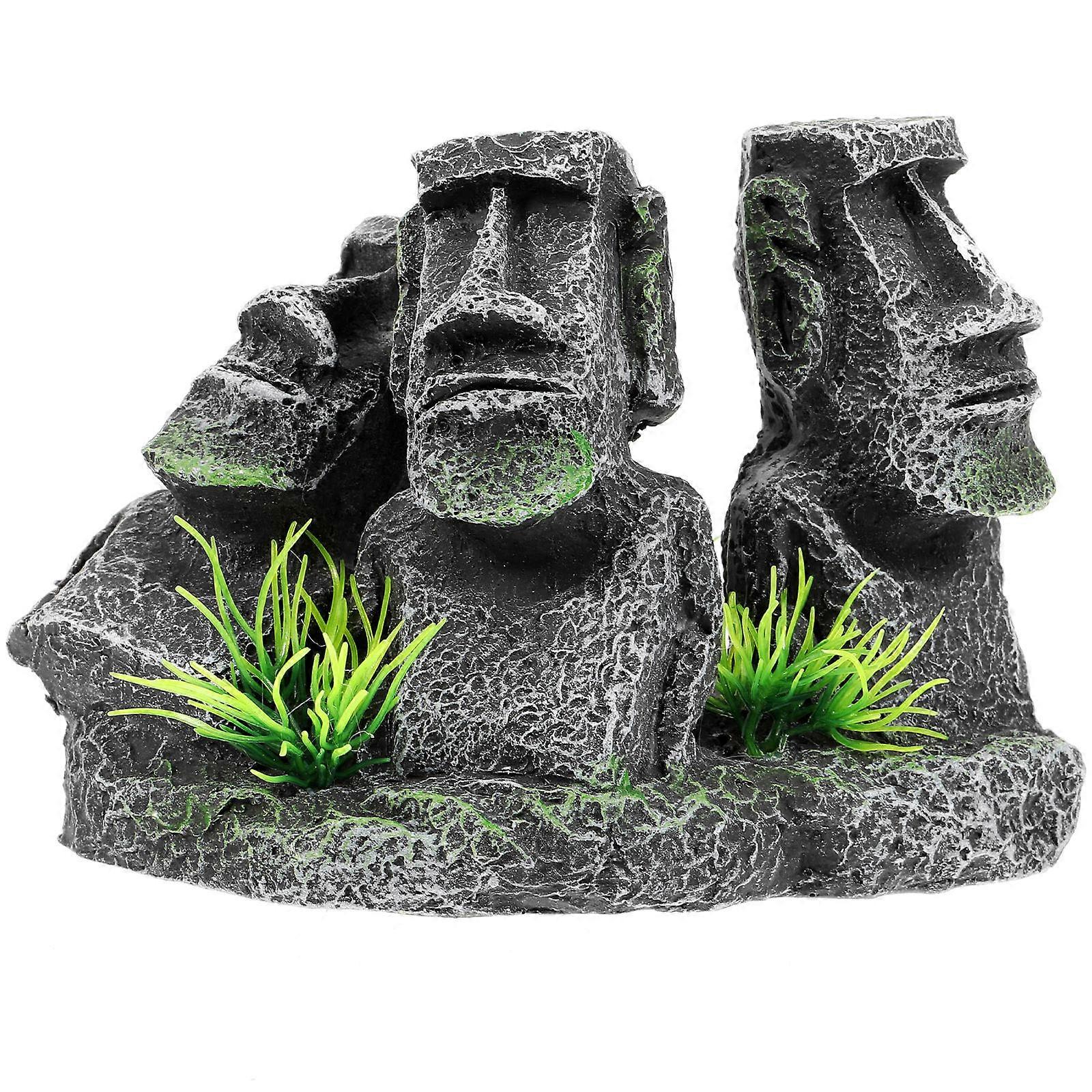 Interesting Fish Tank Decoration Moai Statue Office Space Resin Grey Fish Hiding Spot 1Pack