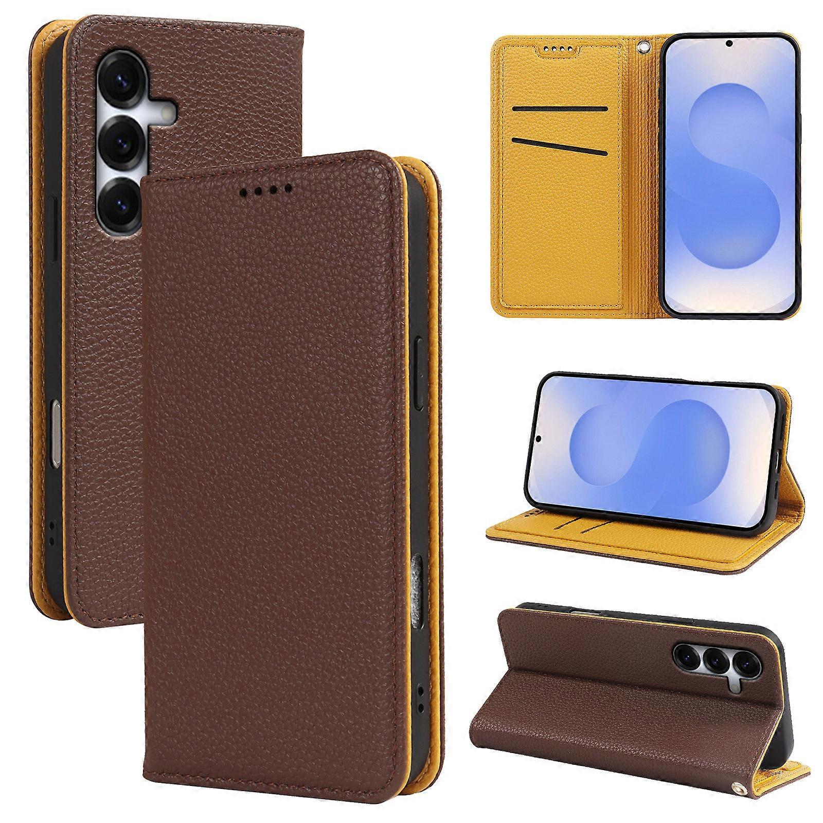 Samsung S25 mobile phone leather case two-tone lychee pattern for Galaxy S24 FE strong magnetic S23 flip cover