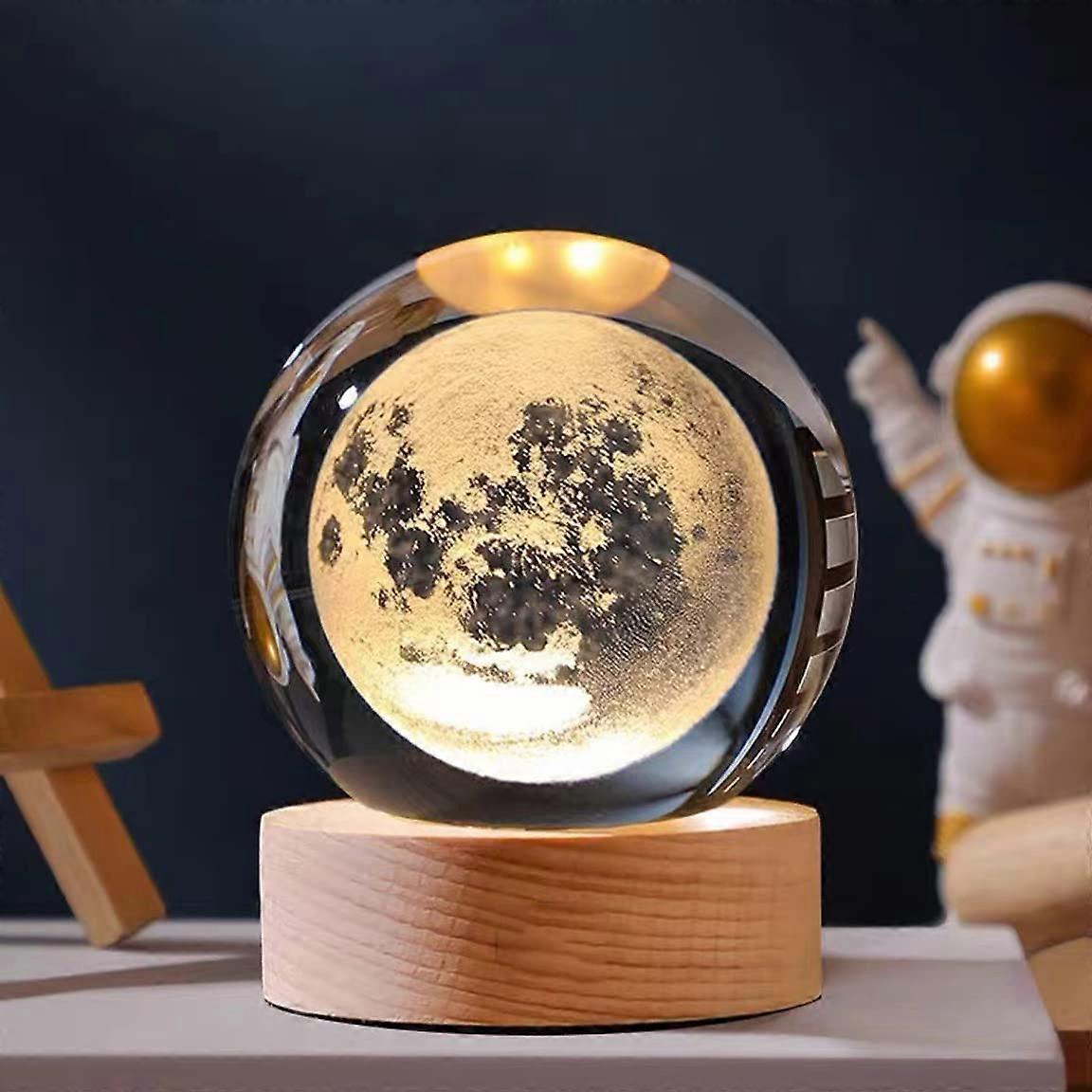 3D Planet Crystal Ball Night Light Wooden Base, Crystal LED Light, 3D Engraved Solar System Planets With LED Base