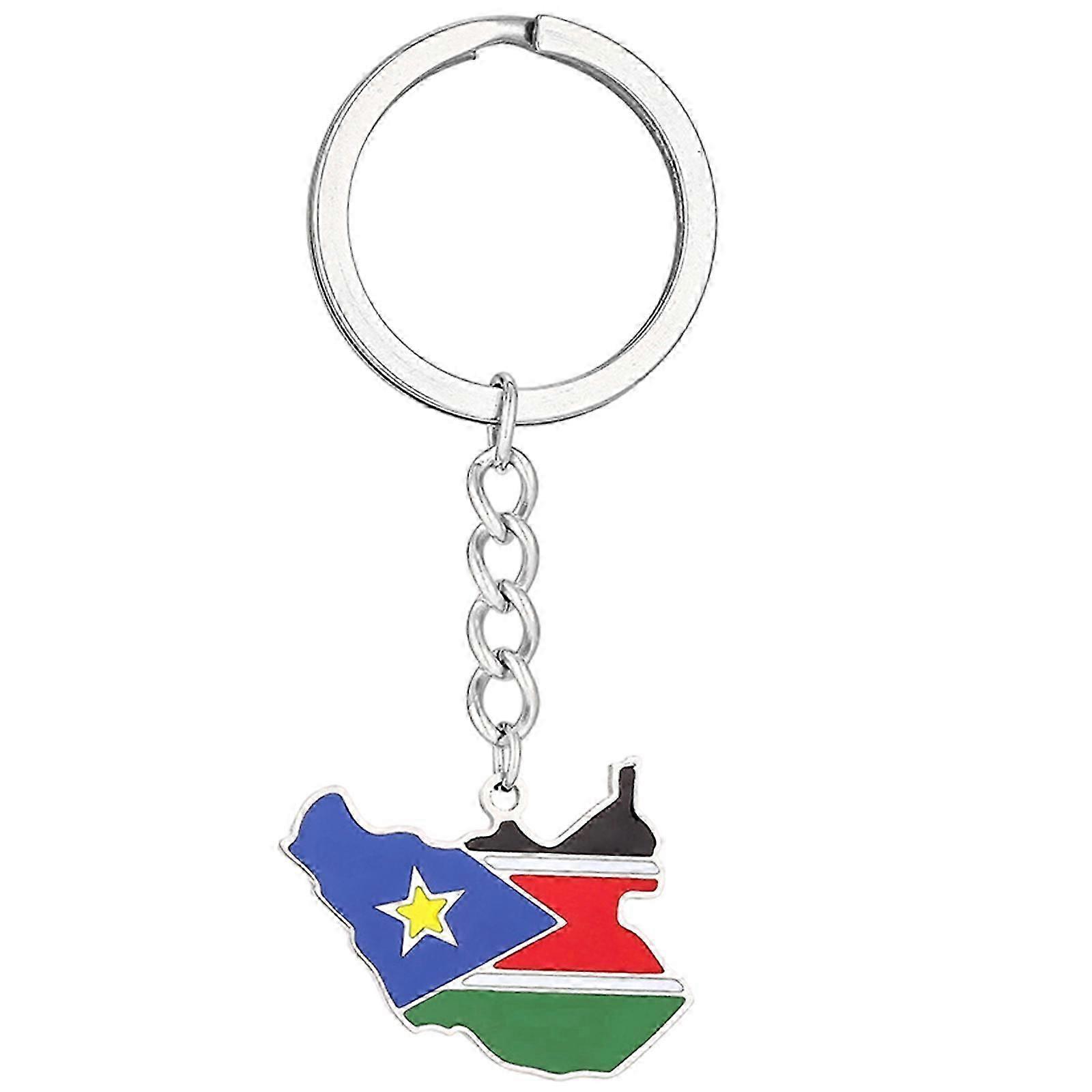 Stylish South Sudan Map Flag Keychain in Gold/Silver Ethnic Design
