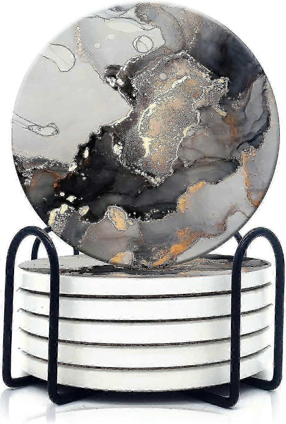 الوقايات للمشروبات، جولة ماصة السيراميك الحجر الوقايات مجموعة من 6، شرب الوقايات مع حامل، 4 بوصات، الرخام الذهب