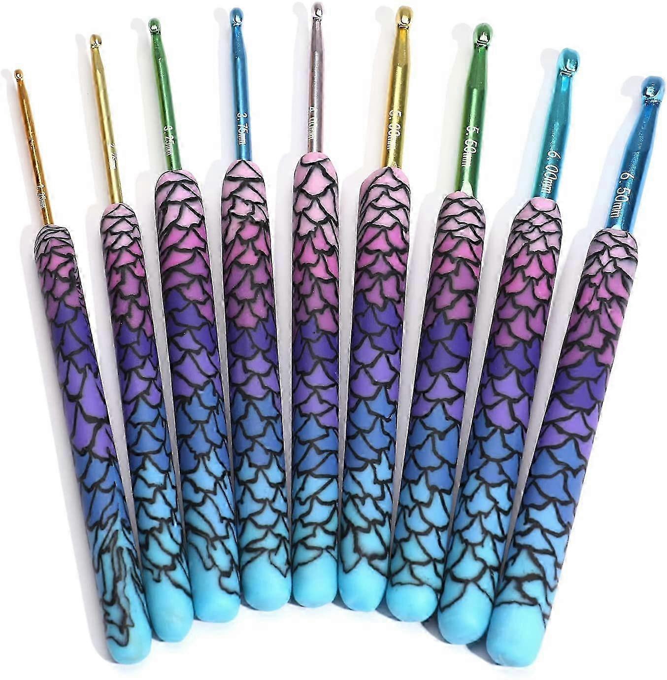 Mermaid Crochet Hooks for Arthritic Hands, 9-Pack Full Metal Crochet Hook Set with Sizes 2.25-3.75mm