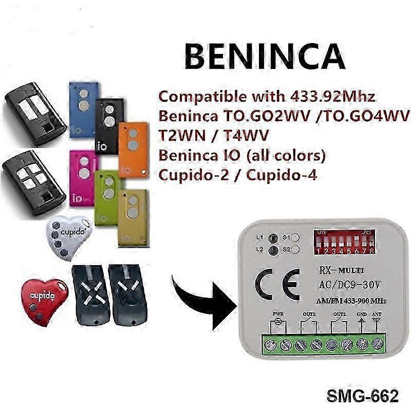 BENINCA Remote Control Receiver TOGO TO GO 2WV 433MHz Gate Door Opener 2 Channel 9-30v AC DC 43392MHz Transmitter Controller
