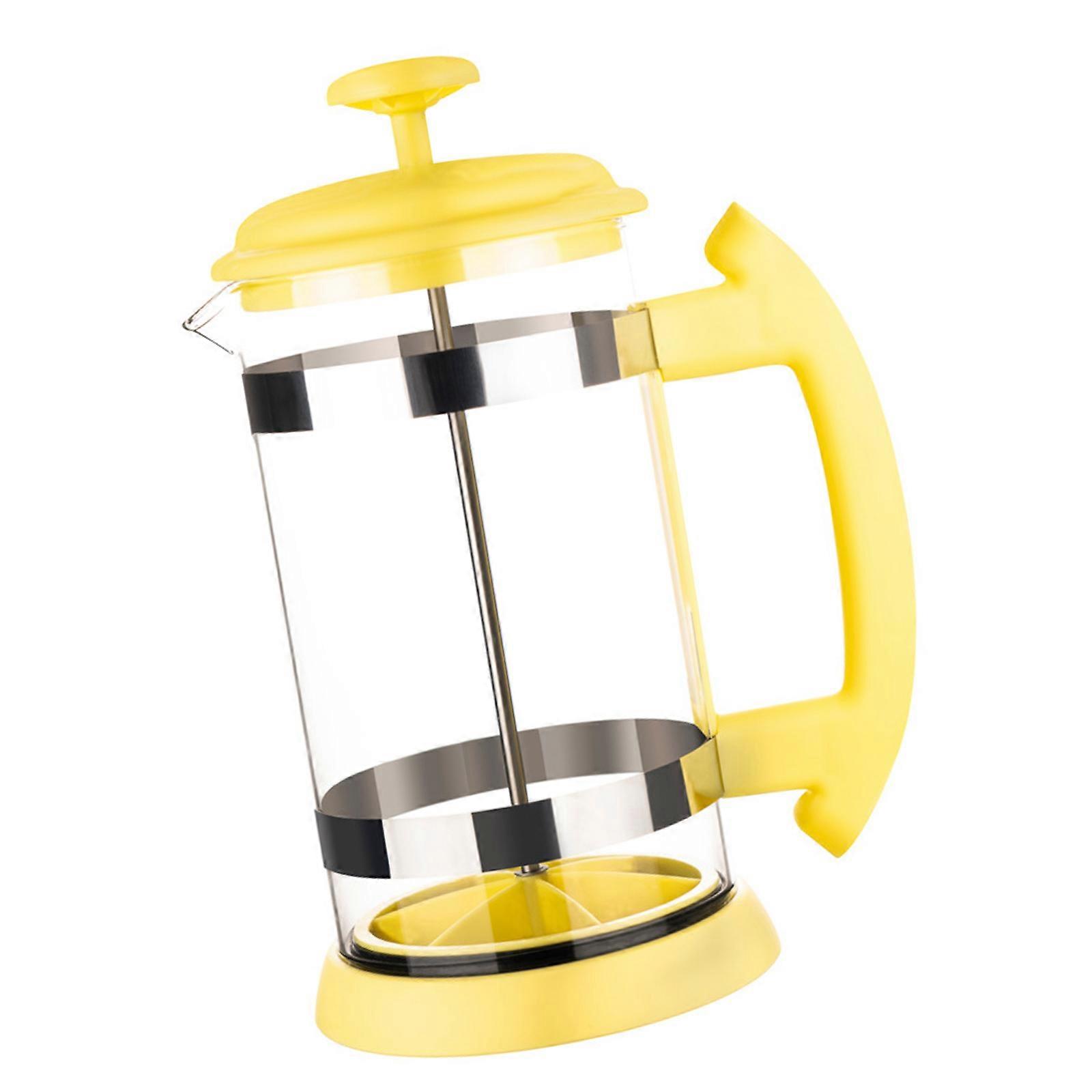 Cafetière à piston moderne en acier inoxydable et verre, idéale pour la maison ou le bureau. Système de filtration facile à nettoyer, jaune.
