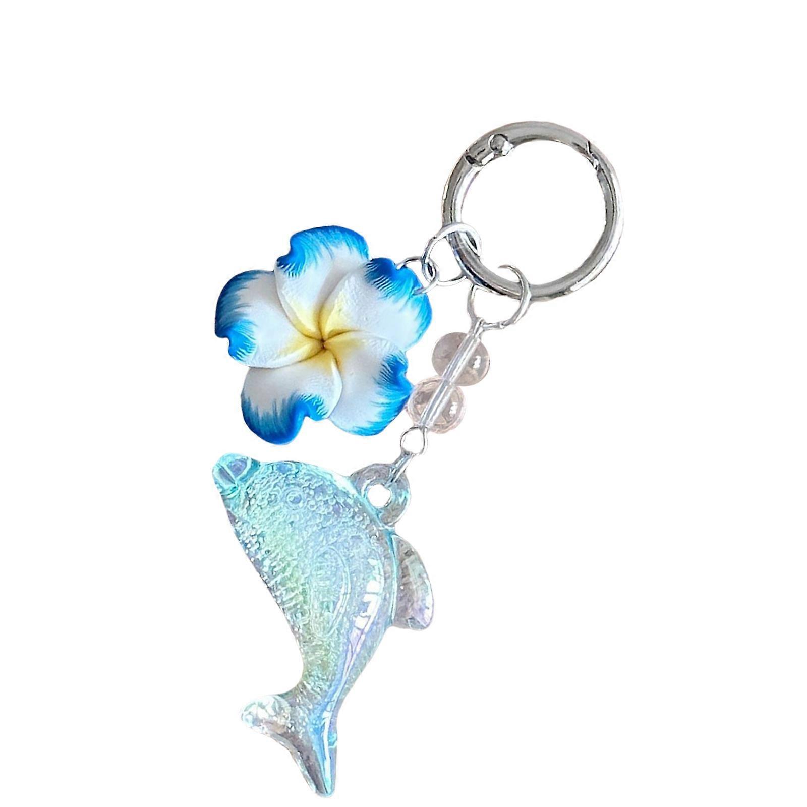 Charming Dolphin Flower Keychain Compact Size Decorative Hanging Charm Accessory For Backpacks Wallets Or Keyrings  White and blue