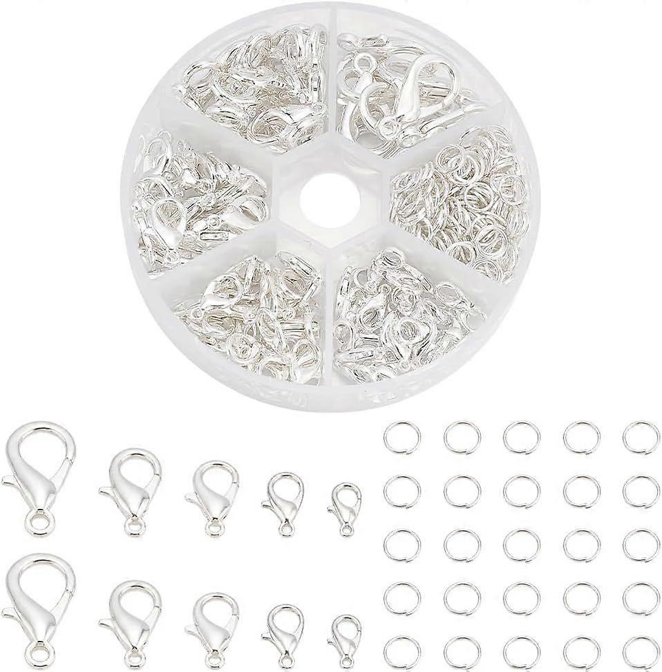 110Pcs Lobster Claw Clasp 5 Size Alloy Trigger Clasps Silver Snap Hooks 10/12/14/16/21mm with 180Pcs 6mm Jump Ring for Jewelry Making Accessory DIY Ke
