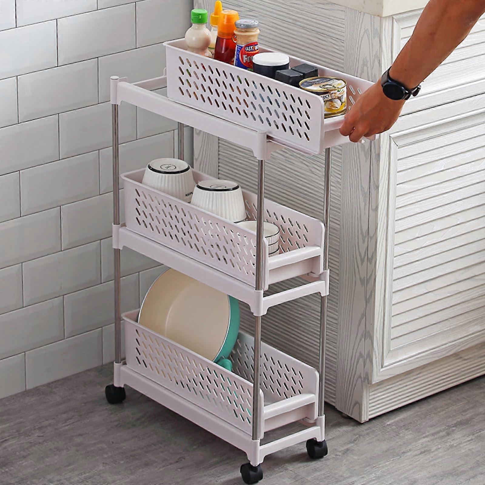 Slim Storage Trolley 3Tier Slim Rolling Cart With SlideOut Baskets, White Mobile Shelving Unit For Narrow Spaces