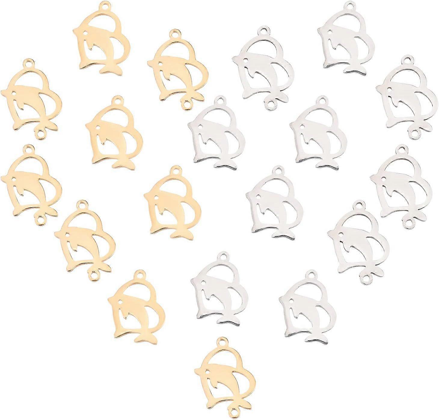 24Pcs 2 Styles 2 Colors Hollow Heart With Dolphin Charms 201 Stainless Steel Heart Pendants With Dolphin Patterns Dangle 1.2-1.5mm Hole Pendants Ornam