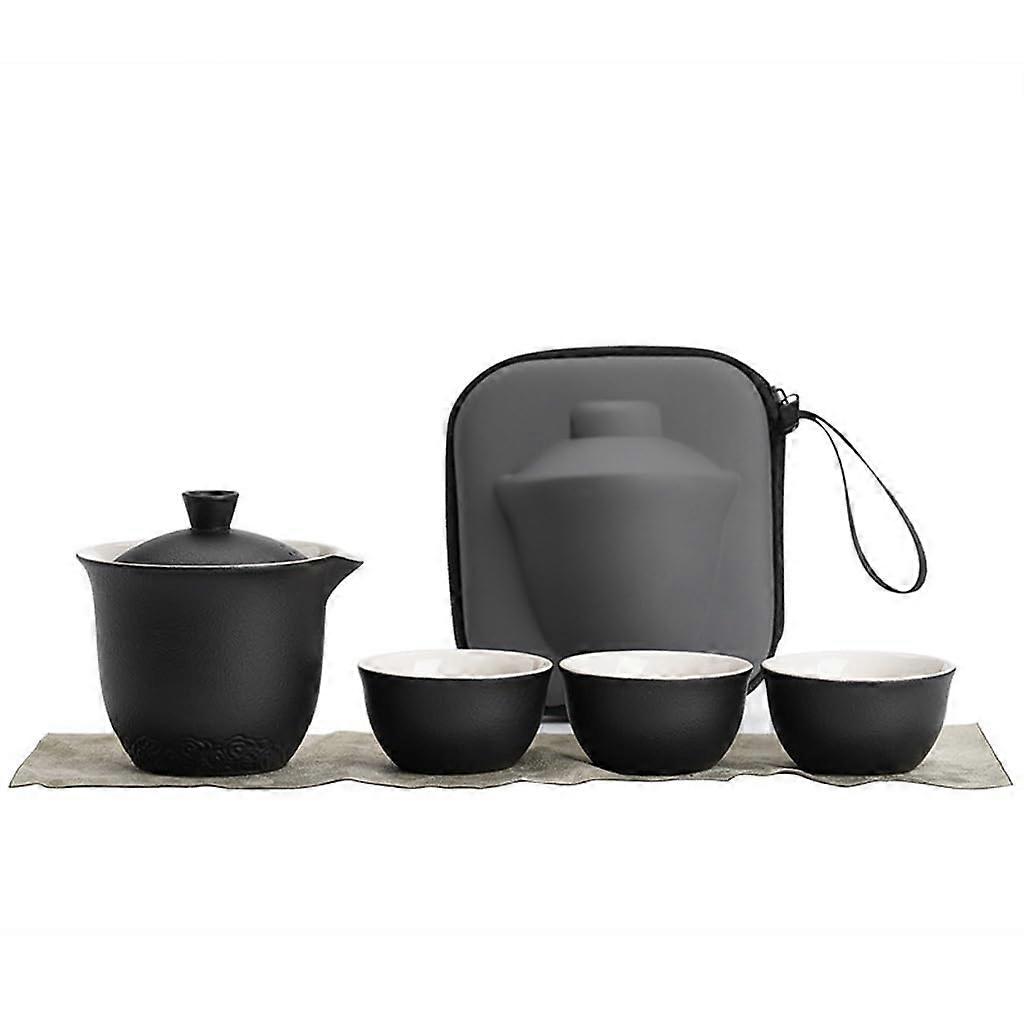 Black Pottery Travel Tea Set with Ceramic Cup and Integrated Filter Compact 9.8CM