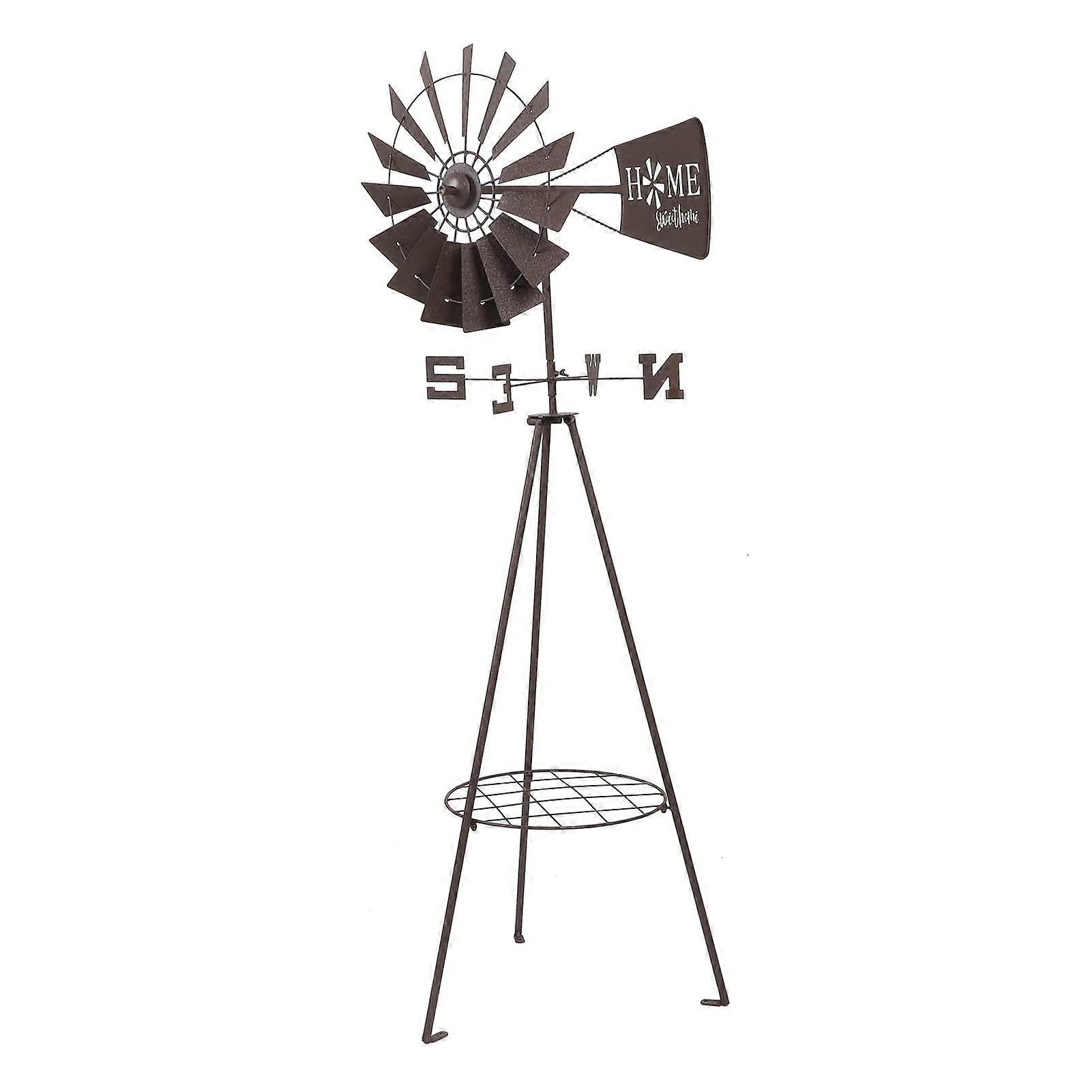 Rustproof Iron Garden Wind Spinner with Stable Base, Rotating Outdoor Windmill Potting Rack for Yard