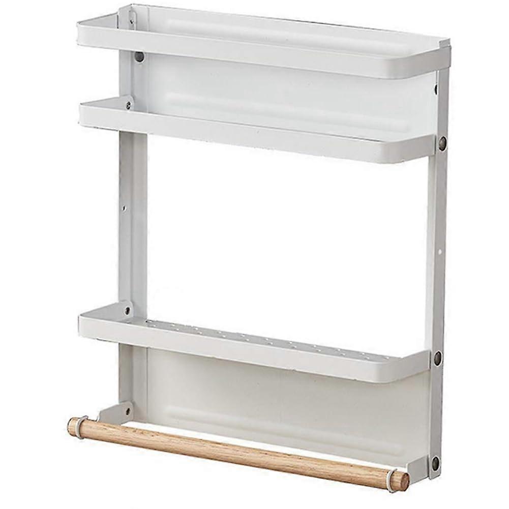 Magnetic Refrigerator Shelf with Hooks, MultiLayer Hanging Spice Rack, Easy Wall Install, White