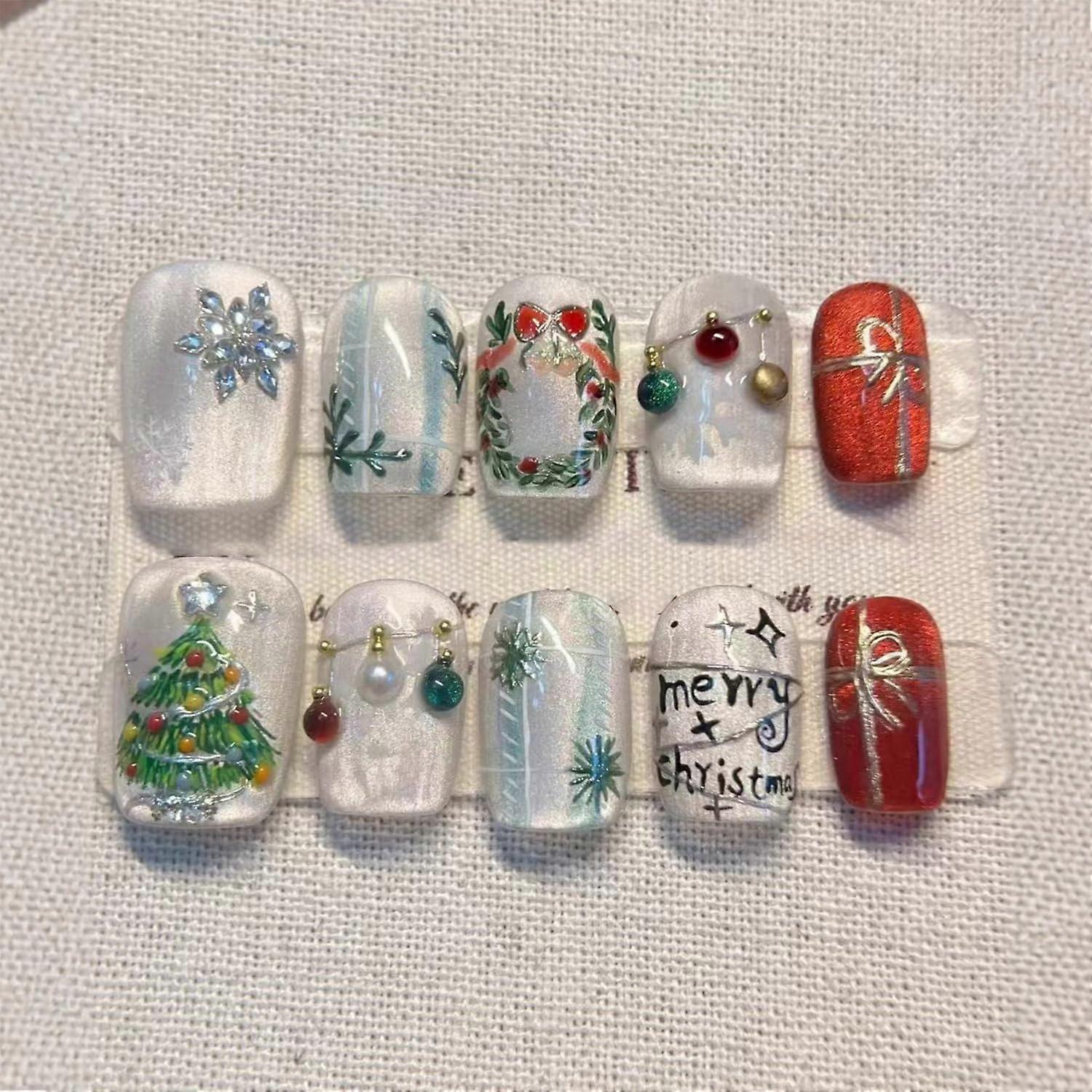 Christmas Press On Nails Set Short Square Silver Snowflake Design with Reusable Glue Stickers