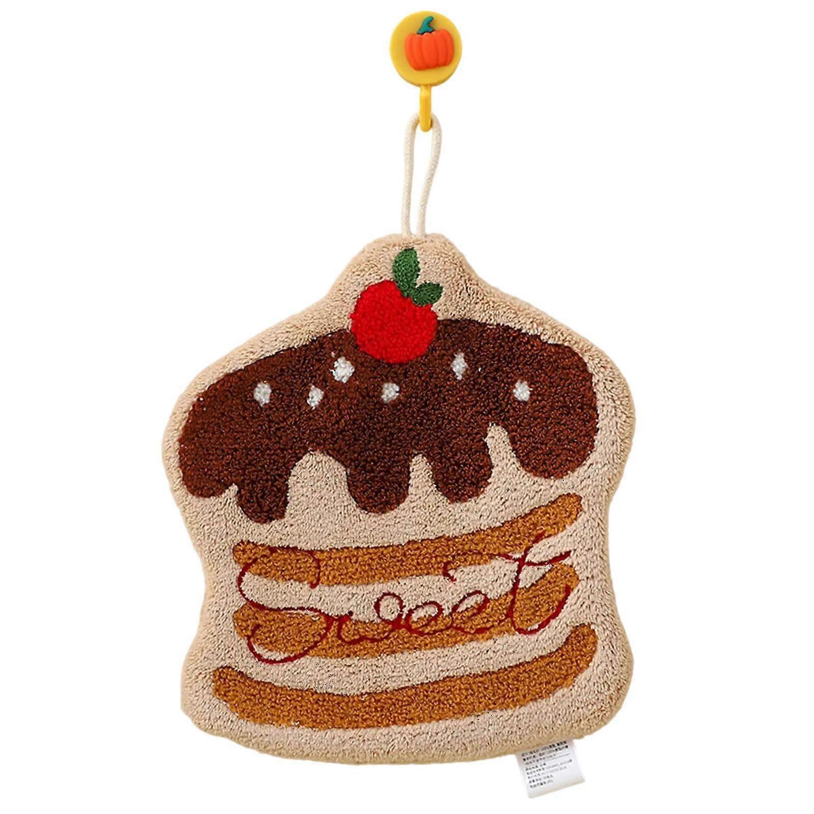 Decorative Hand Towel Plush Cake Theme Coffee Color Quick Drying Durable Absorbent Hanging Loop