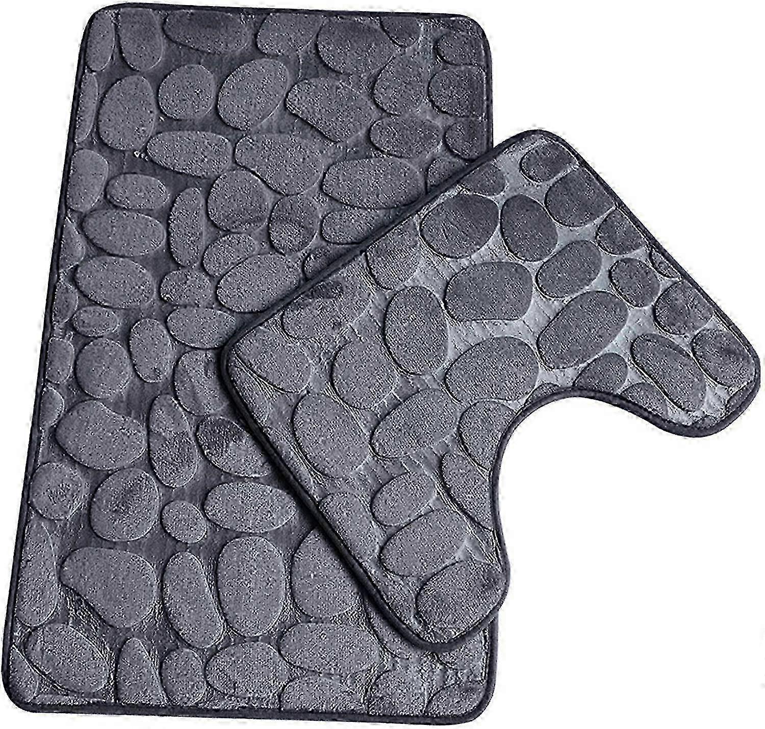 2-Pack Non-Slip Bathroom Floor Mats, Soft Absorbent U-Shape and Rectangular, Machine Washable Gray