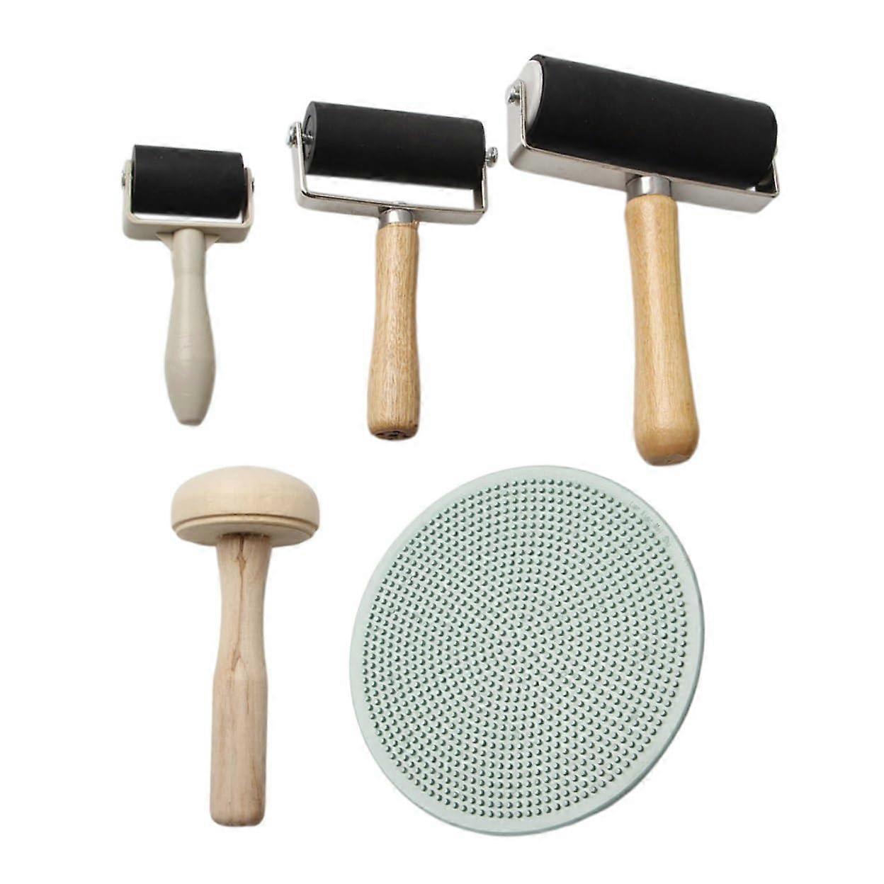 5pcs Printmaking Tools with Rubber Ink Rollers and Wooden Mushroom Roller for DIY Block Printing