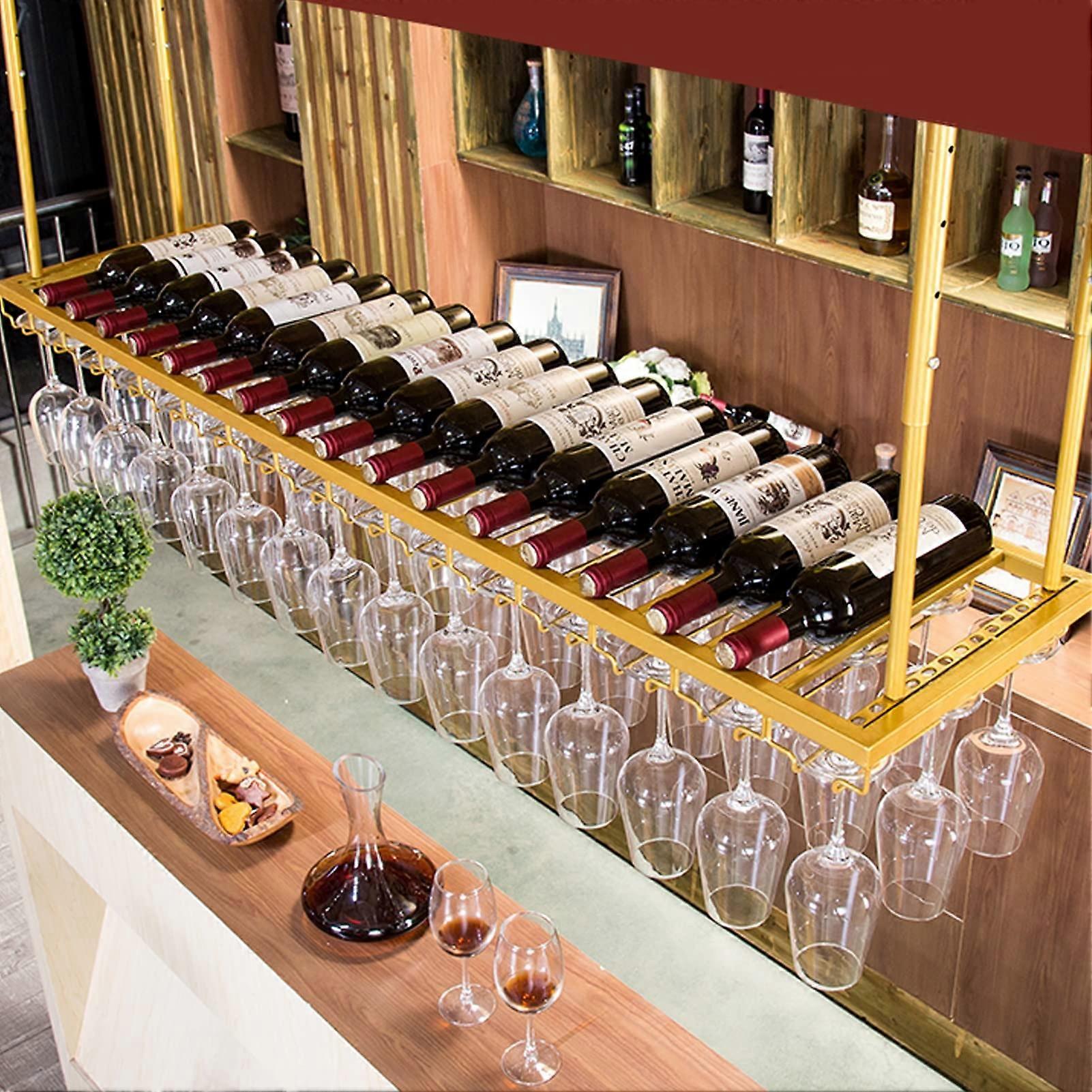 Rustic Gold Ceiling Wine Rack with Adjustable Height, Dual Bottle Glass Holder, SpaceSaving Bar Shelf