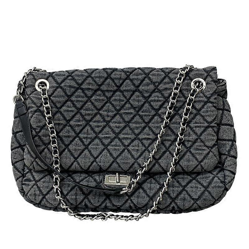 Large Grey Denim Shoulder Bag Retro Quilted Design with Adjustable Chain Strap and MultiPockets
