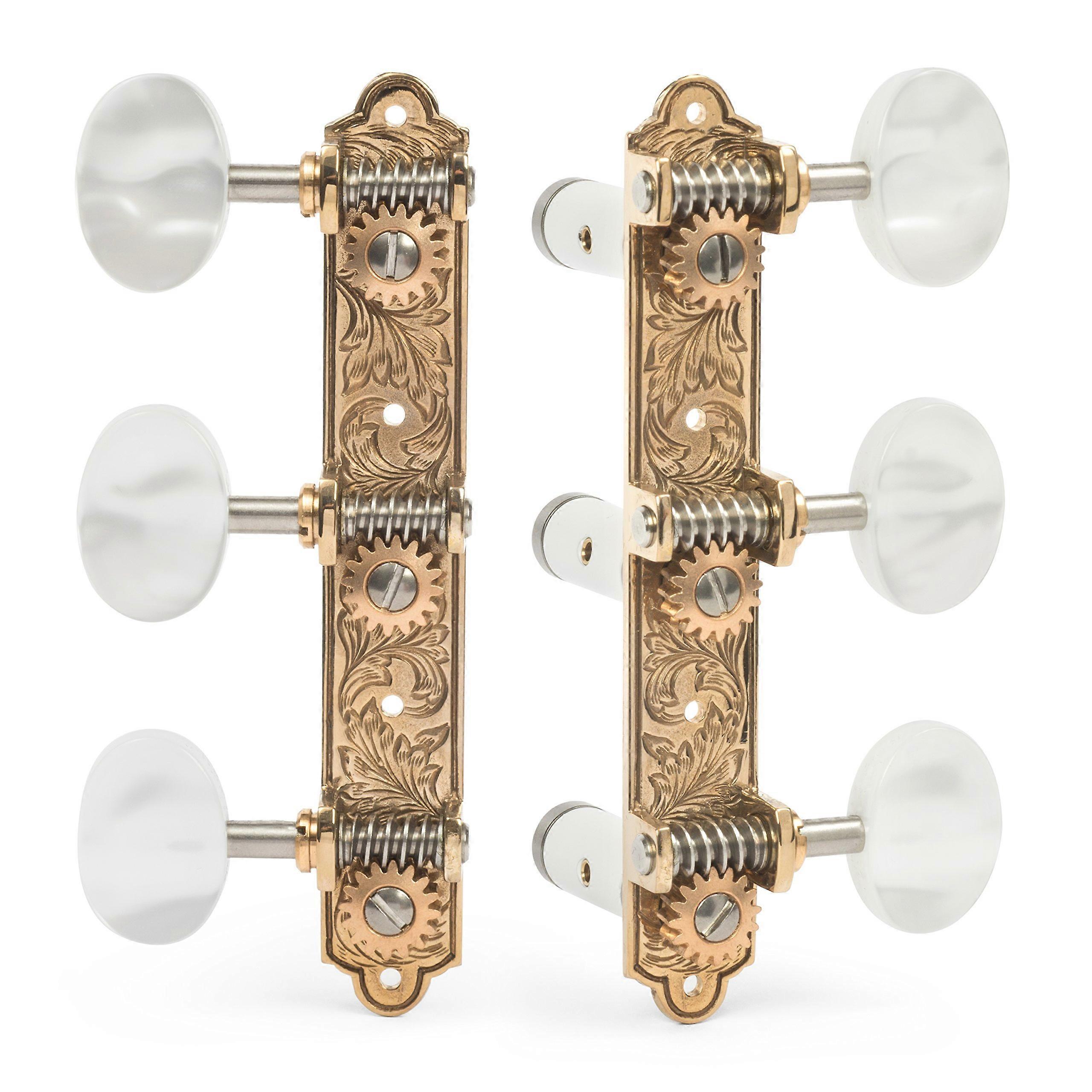 Classical Guitar Tuning Machines with Leaf Bronze Baseplates and Smooth Pearloid Knobs