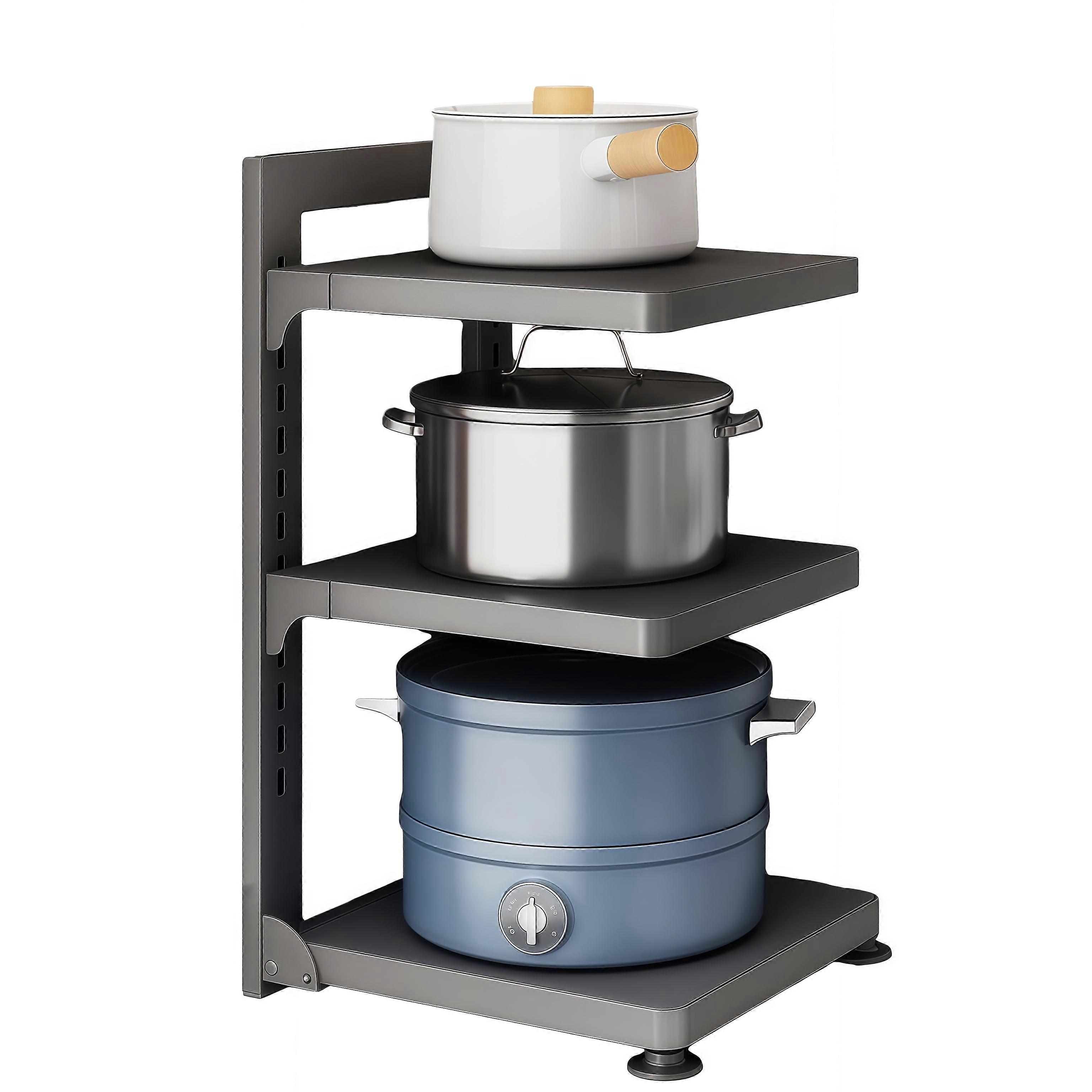 Three Level Adjustable Pot Storage Rack Gun Gray Extra Large Kitchen Shelf