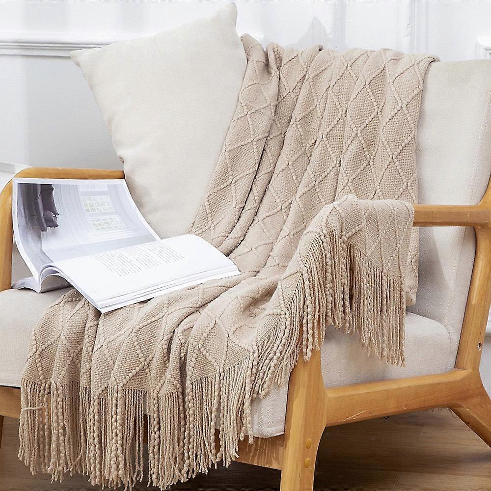 Textured Throw Blanket Solid Soft For Sofa Couch Decorative Knitted Blanket,diamond Texture ,sand