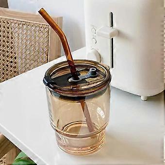 Sugerørkopp, kaffekopp, glass med sugerør og lokk, dobbel drikkekopp, sett med 1 (12 oz, rav)
