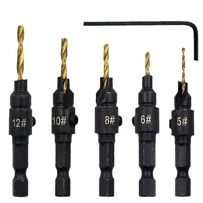 5Pcs Adjustable Countersink Drill Bits Set with Wrench, Titanium-Coated