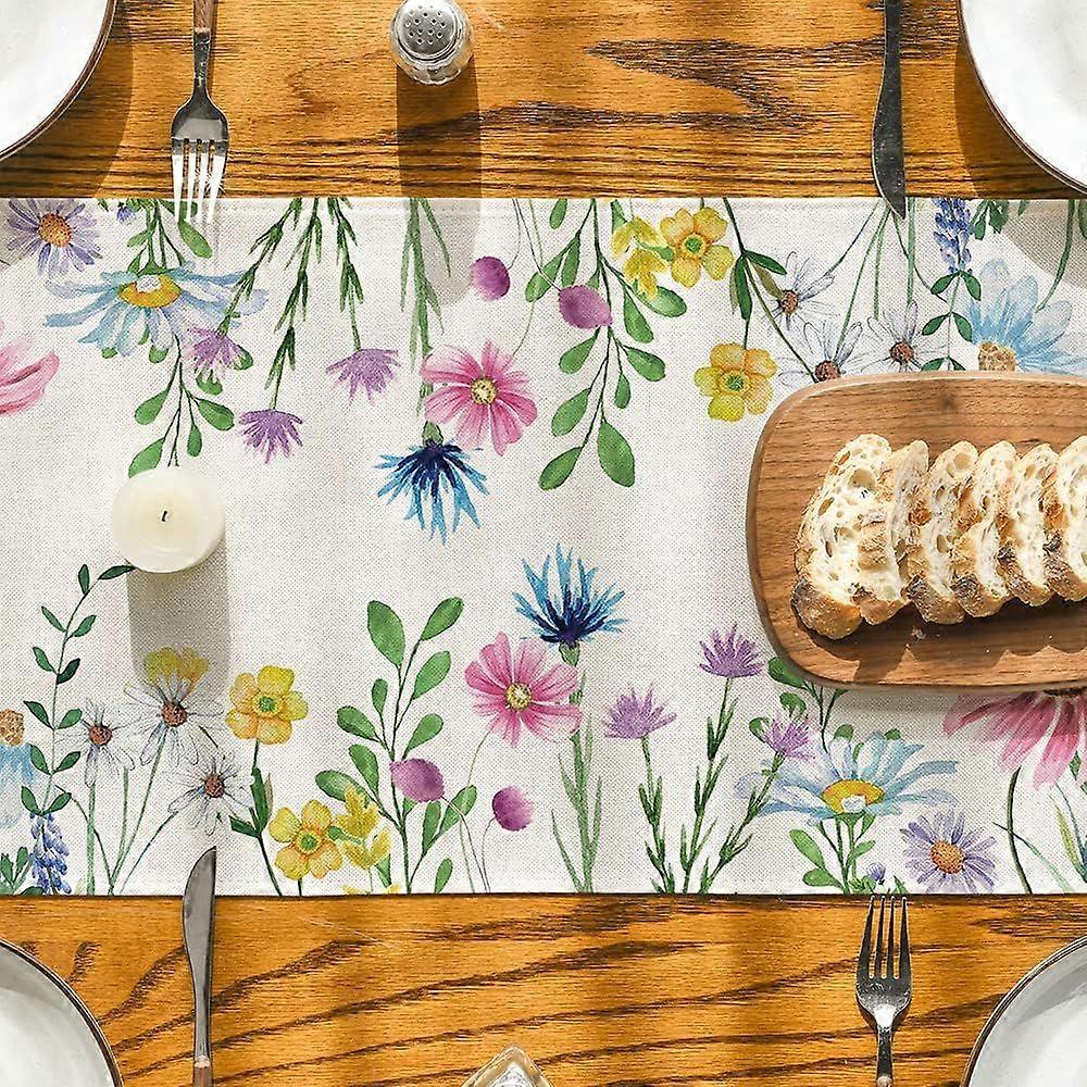 Daisy Eucalyptus Lavender Flower Leaves Summer Table Runner, Spring Kitchen